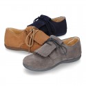 Suede leather Laces up style shoes with FRINGED design.