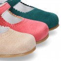 SOFT SUEDE leather little Mary Jane shoes with button fastening for little girls.