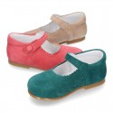 SOFT SUEDE leather little Mary Jane shoes with button fastening for little girls.