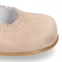 SOFT SUEDE leather little Mary Jane shoes with button fastening for little girls.