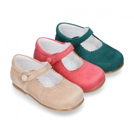 SOFT SUEDE leather little Mary Jane shoes with button fastening for little girls.