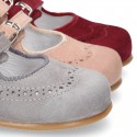 Classic little Mary Jane shoes with double buckle fastening in SOFT SUEDE leather.