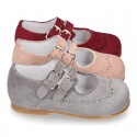 Classic little Mary Jane shoes with double buckle fastening in SOFT SUEDE leather.