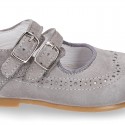 Classic little Mary Jane shoes with double buckle fastening in SOFT SUEDE leather.