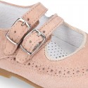 Classic little Mary Jane shoes with double buckle fastening in SOFT SUEDE leather.