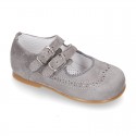 Classic little Mary Jane shoes with double buckle fastening in SOFT SUEDE leather.