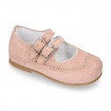 Classic little Mary Jane shoes with double buckle fastening in SOFT SUEDE leather.