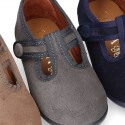 T-STRAP shoes with velcro strap closure in suede leather for kids.