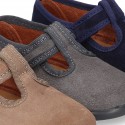 T-STRAP shoes with velcro strap closure in suede leather for kids.