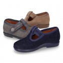 T-STRAP shoes with velcro strap closure in suede leather for kids.