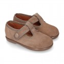 T-STRAP shoes with velcro strap closure in suede leather for kids.