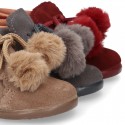 Booties with shoelaces closure with POMPONS in suede leather for kids.