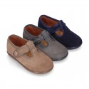 T-STRAP shoes with velcro strap closure in suede leather for kids.