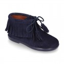 Fringed design Booties with shoelaces closure with TASSELS in suede leather for kids.