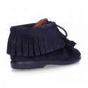 Fringed design Booties with shoelaces closure with TASSELS in suede leather for kids.