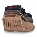 Fringed design Booties with shoelaces closure with TASSELS in suede leather for kids.