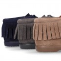 Fringed design Booties with shoelaces closure with TASSELS in suede leather for kids.