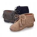 Fringed design Booties with shoelaces closure with TASSELS in suede leather for kids.