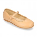 Nappa leather classic Mary Jane shoes with velcro strap and button.