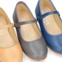 Nappa leather classic Mary Jane shoes with velcro strap and button.