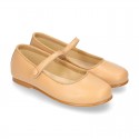 Nappa leather classic Mary Jane shoes with velcro strap and button.