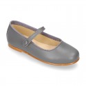 Nappa leather classic Mary Jane shoes with velcro strap and button.