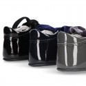 Classic Mary Jane shoes angel style for baby in patent leather with VELVET ties.