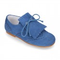 New Laces up oxford shoes in suede leather with FRINGED tab design for girls.