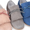 New Laces up oxford shoes in suede leather with FRINGED tab design for girls.