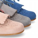 New Laces up oxford shoes in suede leather with FRINGED tab design for girls.