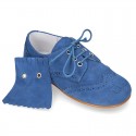 New Laces up oxford shoes in suede leather with FRINGED tab design for girls.