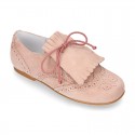 New Laces up oxford shoes in suede leather with FRINGED tab design for girls.