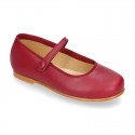 Nappa leather classic Mary Jane shoes with velcro strap and button in fall colors.