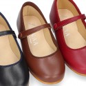 Nappa leather classic Mary Jane shoes with velcro strap and button in fall colors.