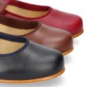 Nappa leather classic Mary Jane shoes with velcro strap and button in fall colors.