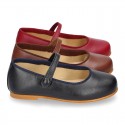 Nappa leather classic Mary Jane shoes with velcro strap and button in fall colors.