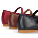 Nappa leather classic Mary Jane shoes with velcro strap and button in fall colors.