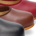 Nappa leather classic Mary Jane shoes with velcro strap and button in fall colors.