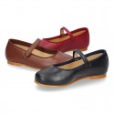 Nappa leather classic Mary Jane shoes with velcro strap and button in fall colors.