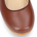 Nappa leather classic Mary Jane shoes with velcro strap and button in fall colors.