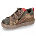 CAMOUFLAGE design Ankle boot shoes tennis style with zipper and elastic shoelaces in NAPPA leather.