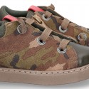 CAMOUFLAGE design Ankle boot shoes tennis style with zipper and elastic shoelaces in NAPPA leather.