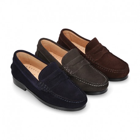 Suede leather Classic Moccasins for toddler boys with thick outsole and detail mask.