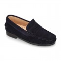 Suede leather Classic Moccasins for toddler boys with thick outsole and detail mask.