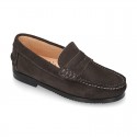 Suede leather Classic Moccasins for toddler boys with thick outsole and detail mask.