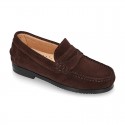 Suede leather Classic Moccasins for toddler boys with thick outsole and detail mask.