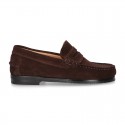 Suede leather Classic Moccasins for toddler boys with thick outsole and detail mask.