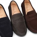 Suede leather Classic Moccasins for toddler boys with thick outsole and detail mask.