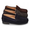 Suede leather Classic Moccasins for toddler boys with thick outsole and detail mask.