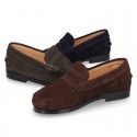 Suede leather Classic Moccasins for toddler boys with thick outsole and detail mask.